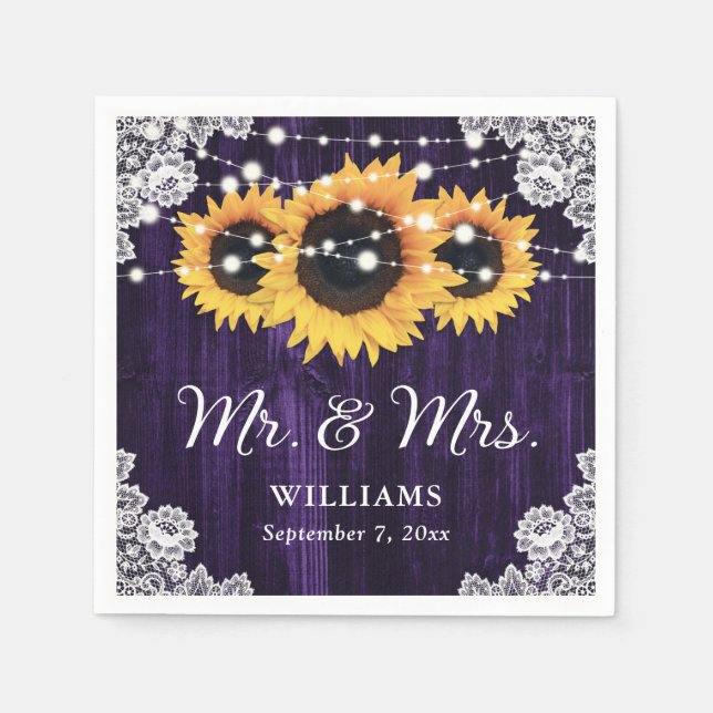 Rustic Purple Sunflower Mr and Mrs Wedding Napkin (Front)