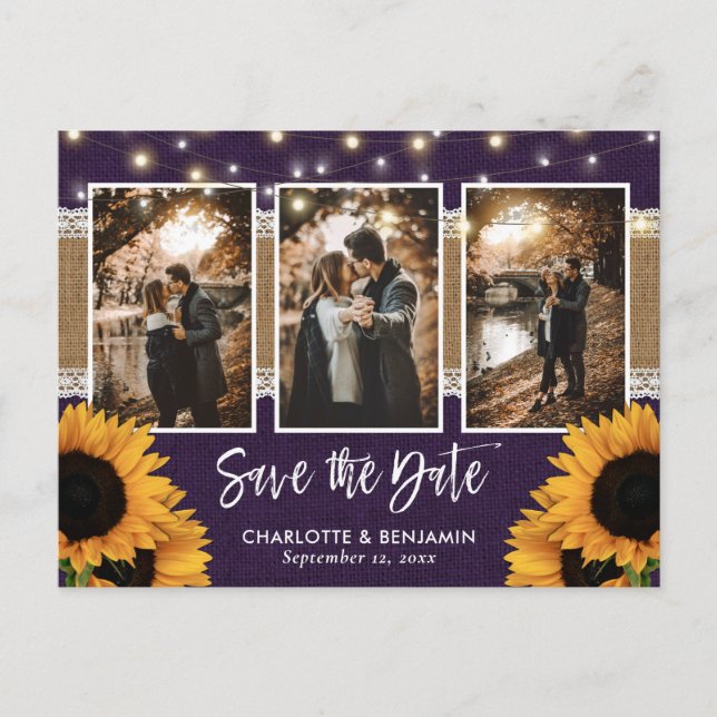 Rustic Purple Sunflower Photo Save The Date Announcement Postcard (Front)
