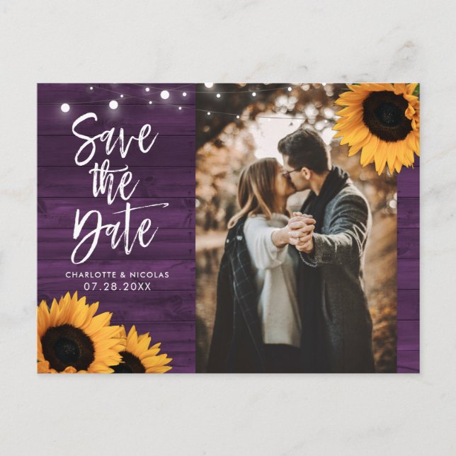 Rustic Purple Sunflower Photo Save The Date Postcard (Front)