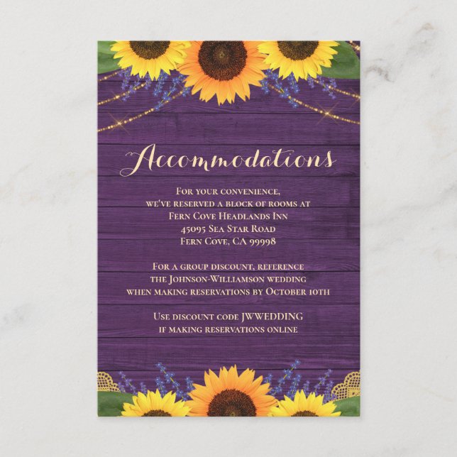 Rustic Purple Sunflower Wedding Accommodations Enclosure Card (Front)