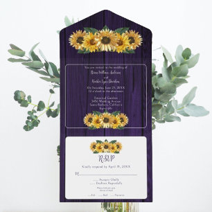 Rustic Purple Sunflower Wedding All In One Invitation
