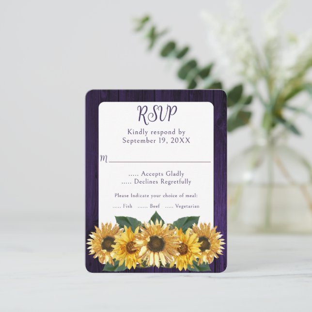 Rustic Purple Sunflower Wedding RSVP Card (Standing Front)
