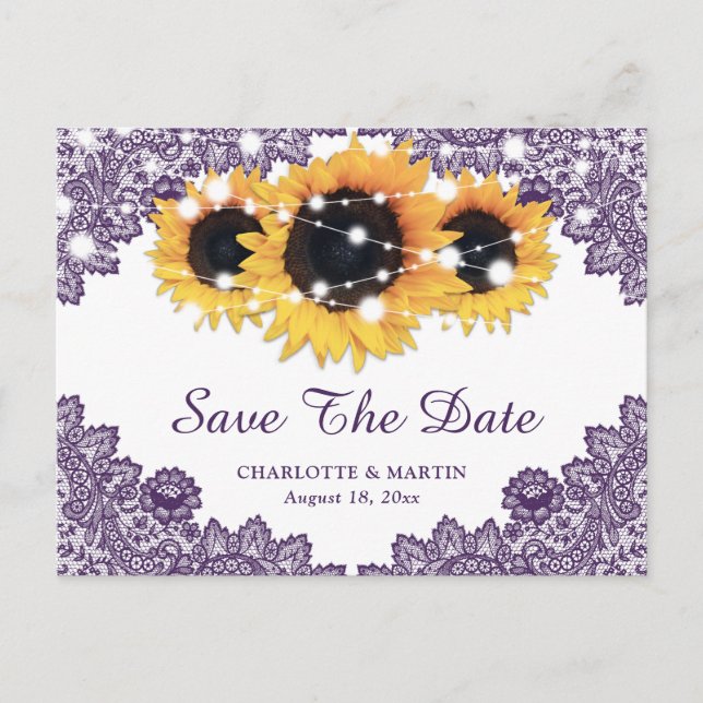 Rustic Purple Sunflower Wedding Save The Date Announcement Postcard (Front)