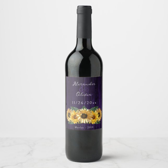 Rustic Purple Sunflower Wedding Wine Label (Front)