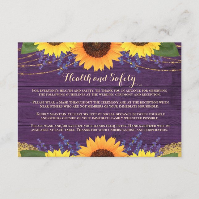 Rustic Purple Sunflowers Wedding Health and Safety Enclosure Card (Front)