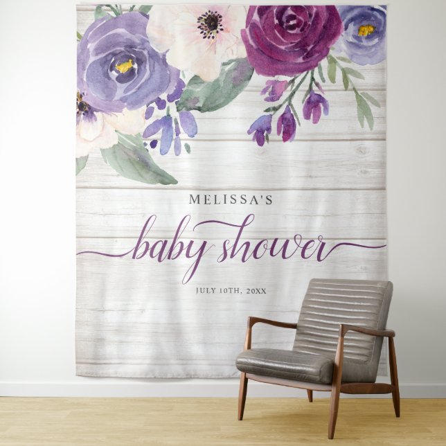 Rustic Purple Watercolor Floral Girl Baby Shower Tapestry (In Situ)