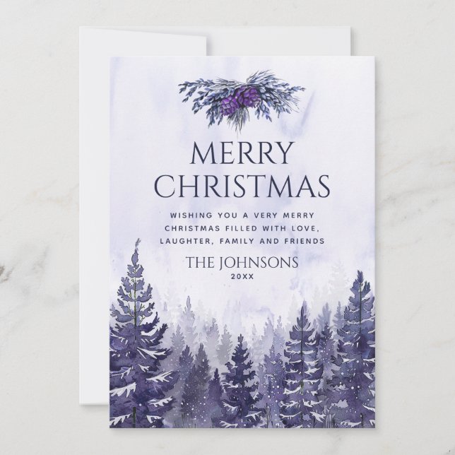 Rustic Purple Watercolor Pine Forest Christmas Holiday Card (Front)