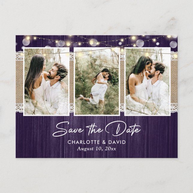 Rustic Purple Wedding Photo Save The Date Announcement Postcard (Front)