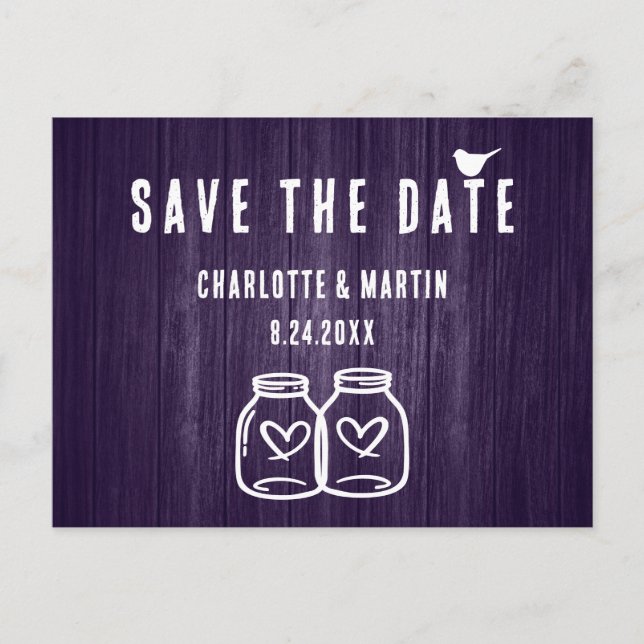 Rustic Purple Wedding Save The Date Postcard (Front)