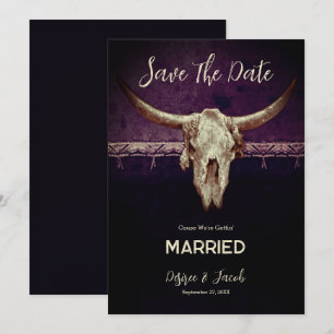 Rustic Purple Western Cowboy Bull Skull Wedding Announcement