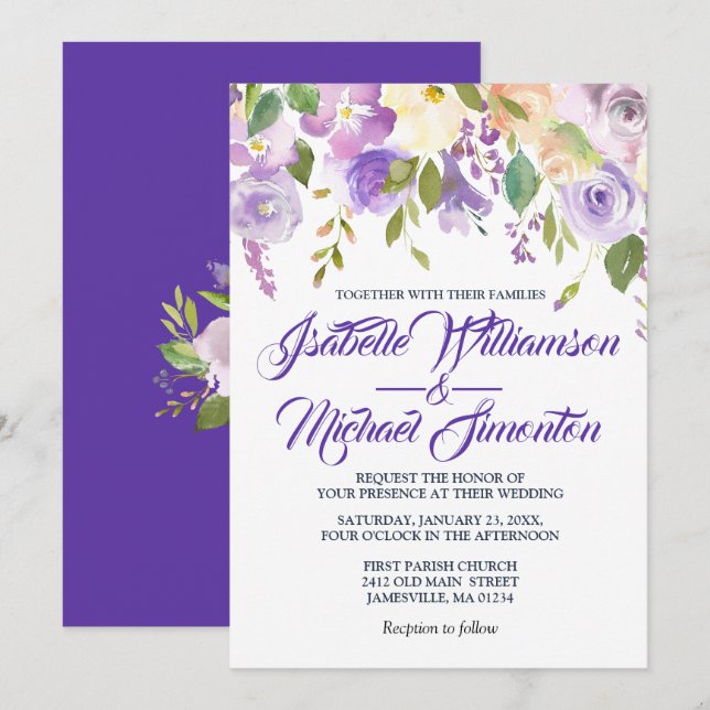 Rustic Purple White Floral Wedding Invitations (Front/Back)