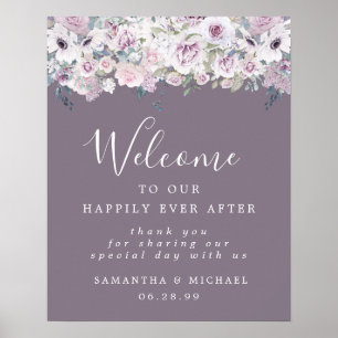 Rustic Purple White Floral Wedding Welcome Sign