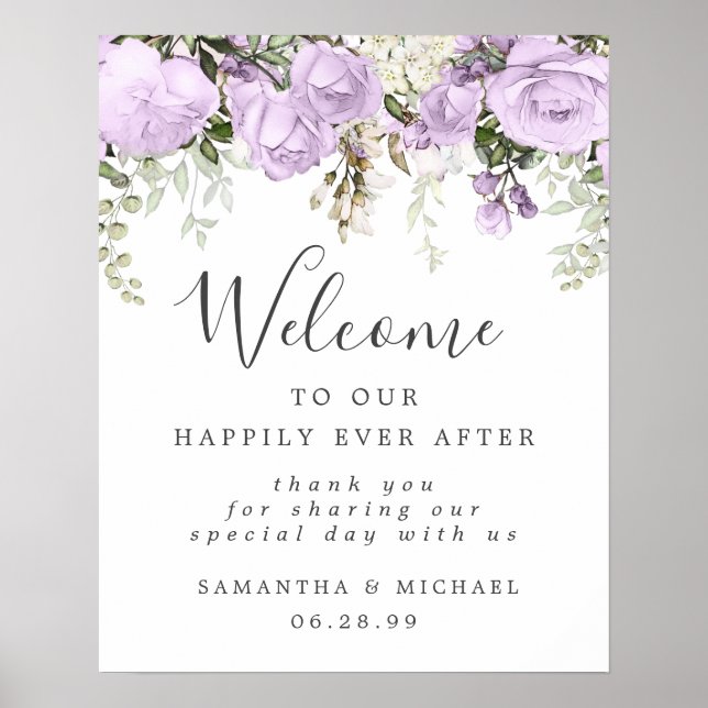 Rustic Purple White Floral Wedding Welcome Sign (Front)