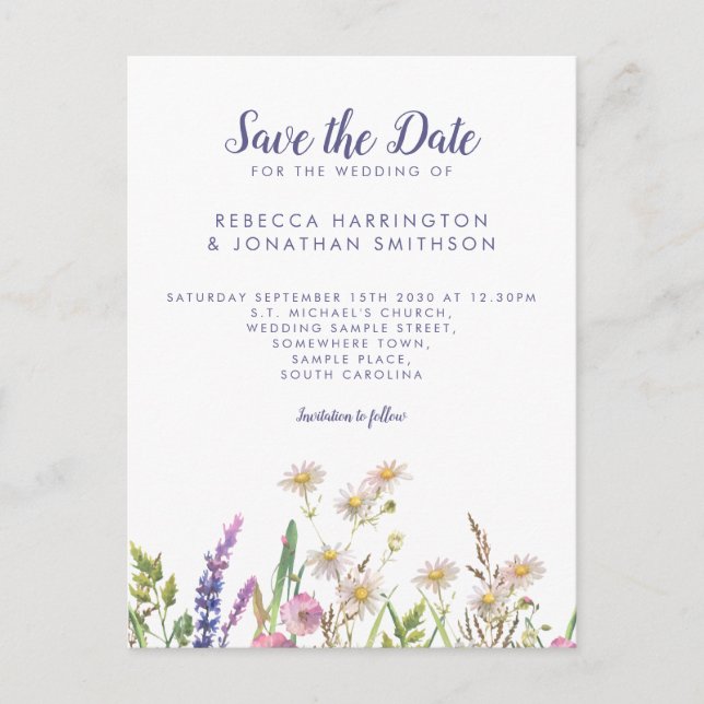 Rustic Purple Wildflower Wedding Save The Date Postcard (Front)