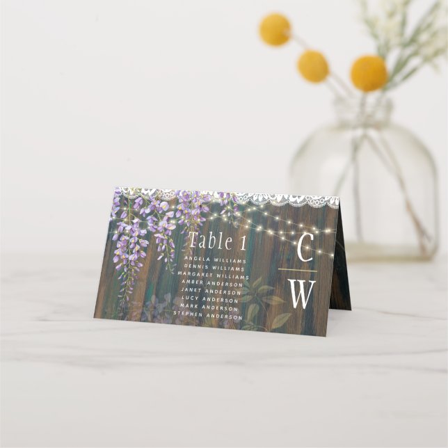 Rustic Purple Wisteria Lace Lights Wood Wedding Place Card (Front)