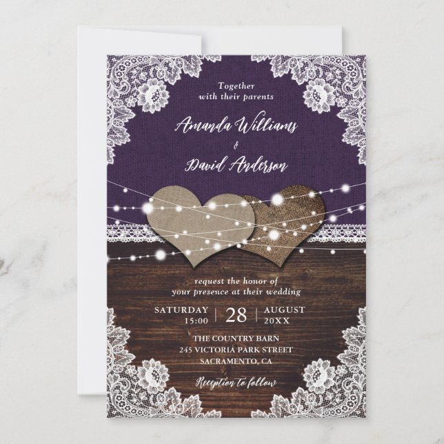 Rustic Purple Wood Burlap Lace Wedding Invitation (Front)
