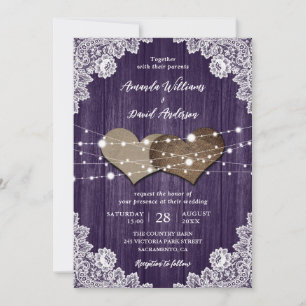 Rustic Purple Wood Burlap Lace Wedding Invitation