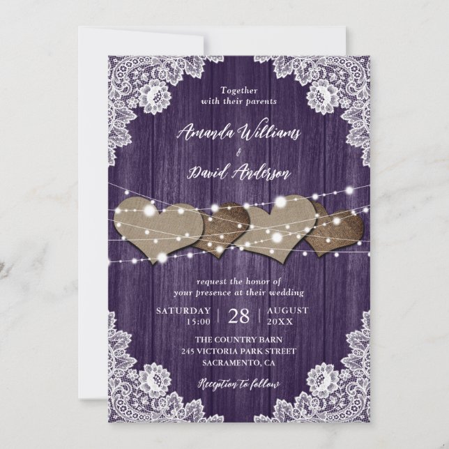 Rustic Purple Wood Burlap Lace Wedding Invitation (Front)