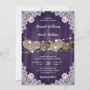 Rustic Purple Wood Burlap Lace Wedding Invitation