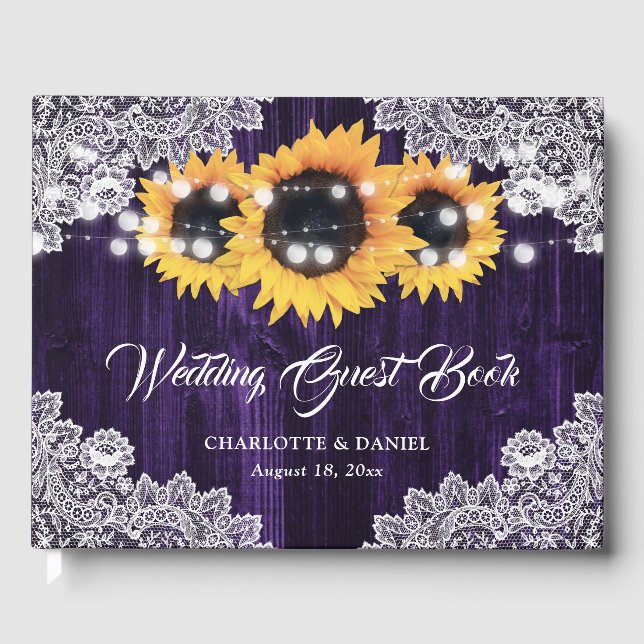 Rustic Purple Wood Lace Sunflower Wedding Guest Book (Front)