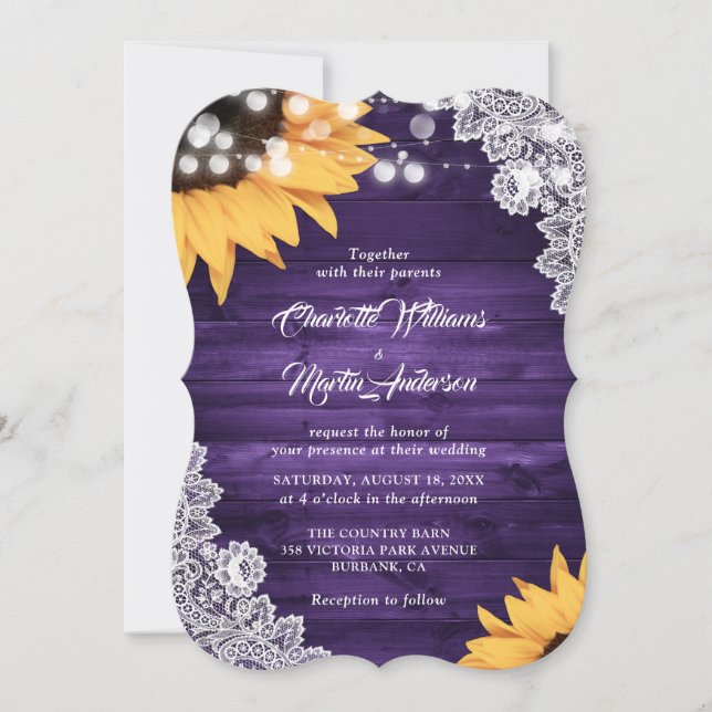 Rustic Purple Wood Lace Sunflower Wedding Invitation (Front)