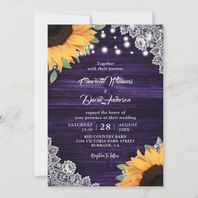 Rustic Purple Wood Lace Sunflower Wedding Invitation (Front)