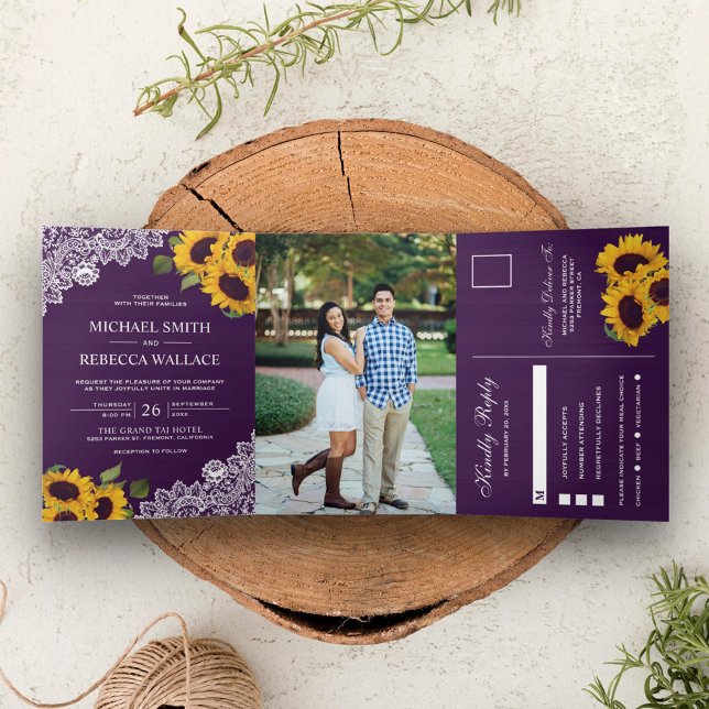 Rustic Purple Wood Lace Sunflower Wedding Photo Tri-Fold Invitation (Creator Uploaded)