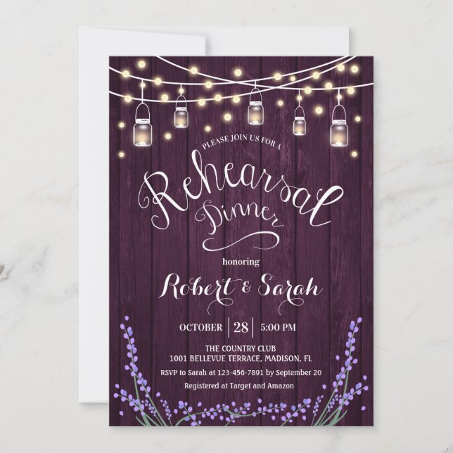 Rustic Purple Wood Lavender Rehearsal Dinner Invitation (Front)