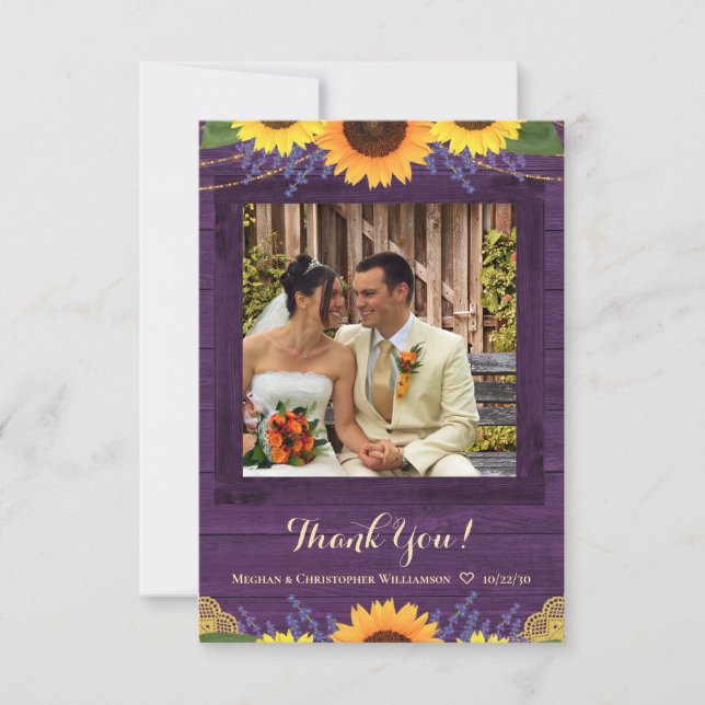 Rustic Purple Wood Lights Sunflower Wedding Photo Thank You Card (Front)