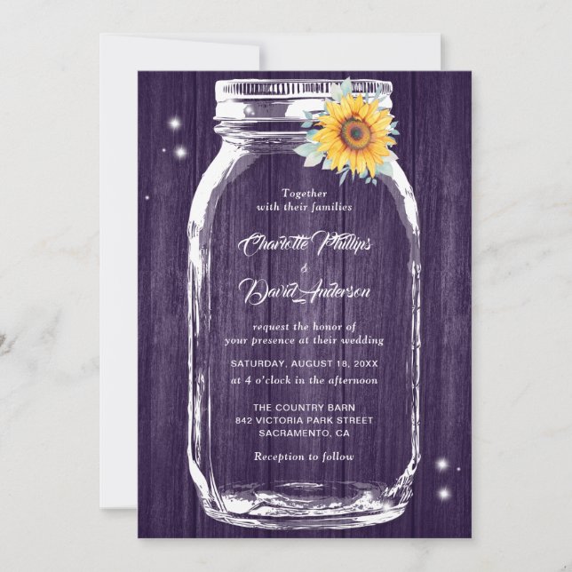 Rustic Purple Wood Mason Jar Sunflower Wedding Invitation (Front)