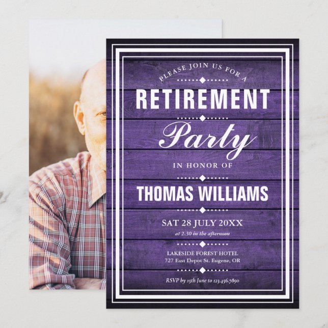 Rustic Purple Wood Panels Photo Retirement Party Invitation (Front/Back)
