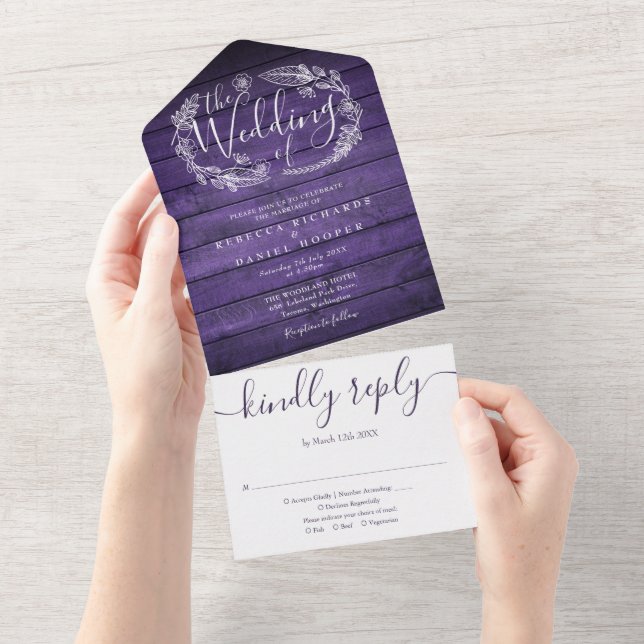 Rustic Purple Wood Script Monogram Floral Wedding All In One Invitation (Tearaway)