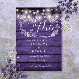Rustic Purple Wood String Lights Floral Wedding Save The Date