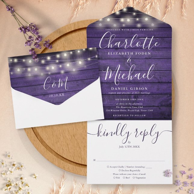 Rustic Purple Wood String Lights Monogram Wedding All In One Invitation (Creator Uploaded)