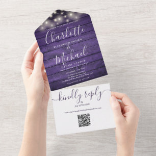 Rustic Purple Wood String Lights QR Code Wedding All In One Invitation