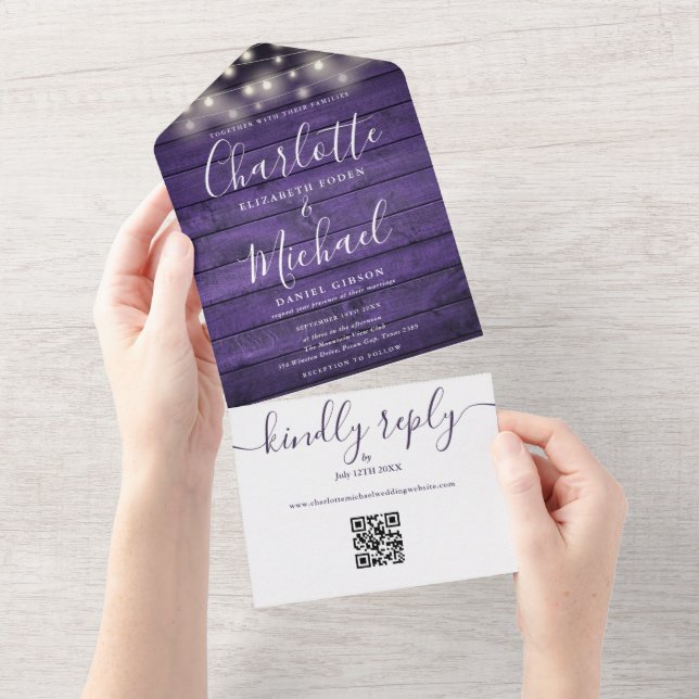 Rustic Purple Wood String Lights QR Code Wedding  All In One Invitation (Tearaway)