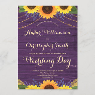 Rustic Purple Wood String Lights Sunflower Wedding Invitation