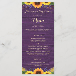 Rustic Purple Wood String Lights Sunflower Wedding Menu