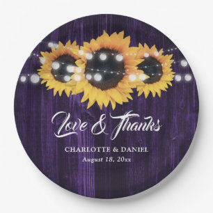 Rustic Purple Wood String Lights Sunflower Wedding Paper Plate