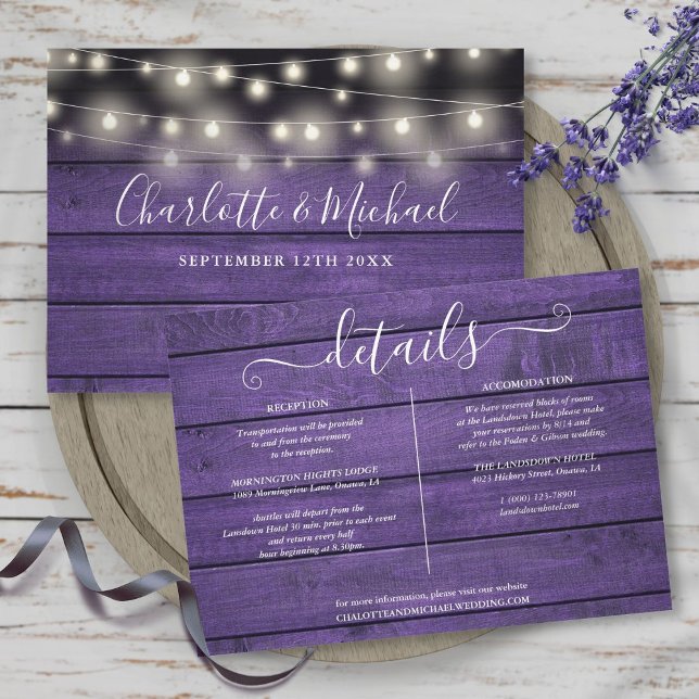 Rustic Purple Wood String Lights Wedding Details Invitation (Rustic Purple Wood String Lights Wedding Details Invitation)