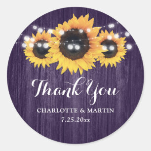 Rustic Purple Wood Sunflower Wedding Favour Classic Round Sticker