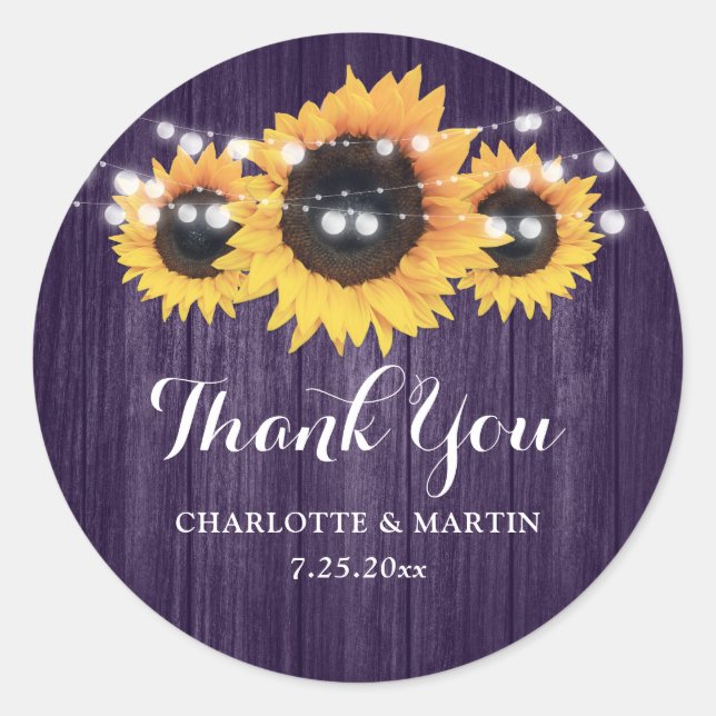 Rustic Purple Wood Sunflower Wedding Favour Classic Round Sticker (Front)