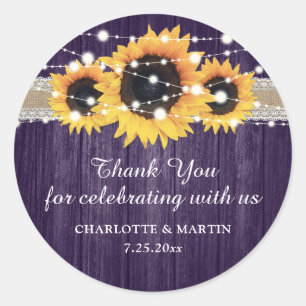 Rustic Purple Wood Sunflower Wedding Thank You Classic Round Sticker