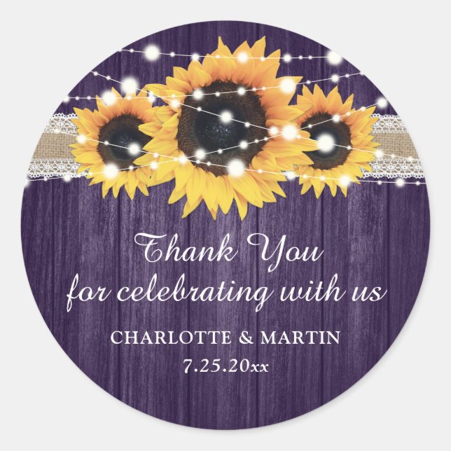 Rustic Purple Wood Sunflower Wedding Thank You Classic Round Sticker (Front)