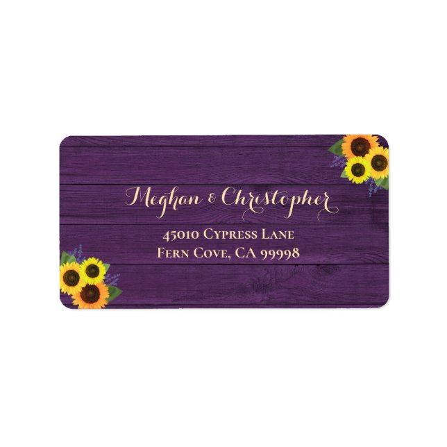 Rustic Purple Wood Sunflowers RSVP Return Address Label (Front)