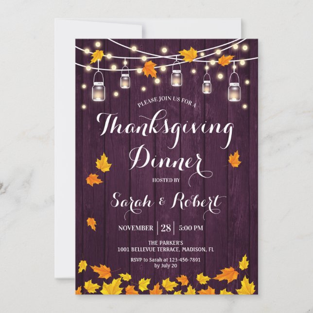 Rustic Purple Wood Thanksgiving Dinner Invitation (Front)
