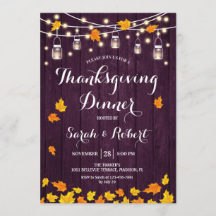 Rustic Purple Wood Thanksgiving Dinner Invitation