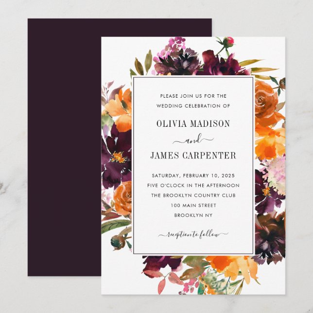 Rustic Purple Yellow Burgundy Floral Fall Wedding Invitation (Front/Back)