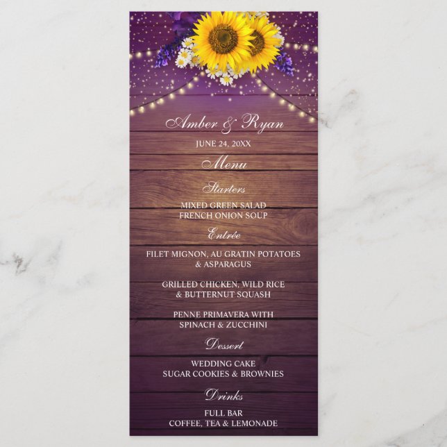 Rustic Purple Yellow Sunflower Floral Country Barn Menu (Front)
