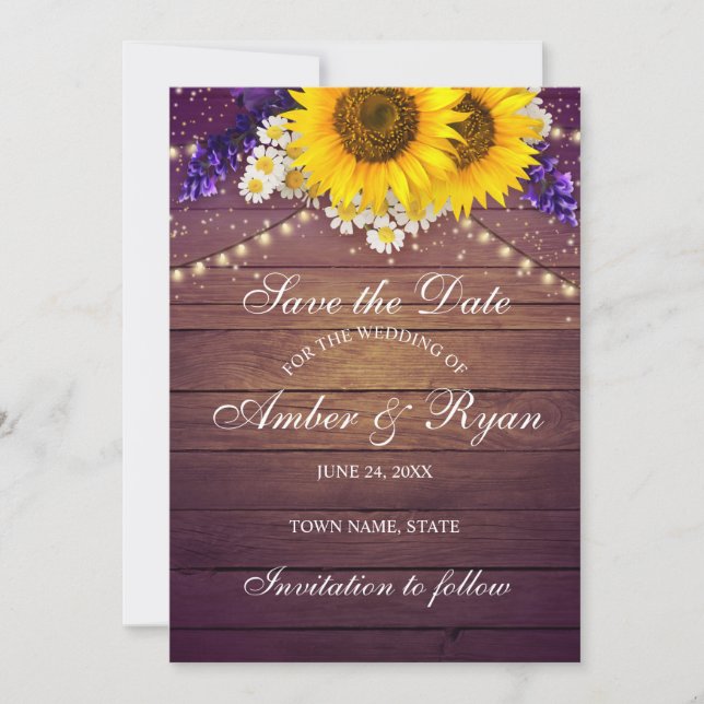 Rustic Purple Yellow Sunflower Floral Country Barn Save The Date (Front)